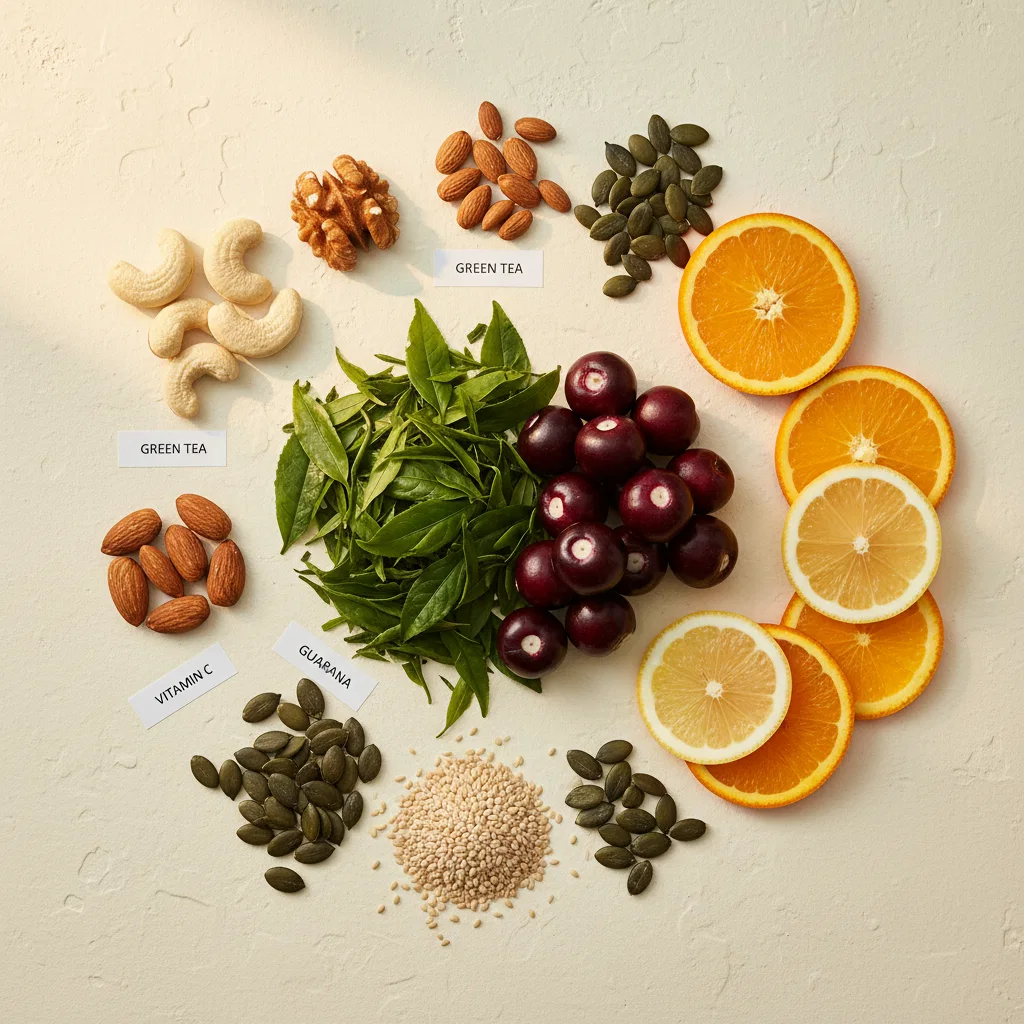 Vlakke opname van groene thee, guarana, citrusvruchten, noten en pompoenpitten - de plantaardige ingrediënten van Osanix