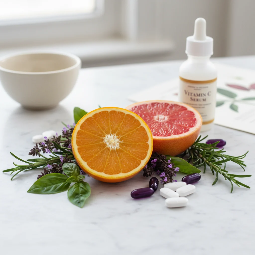 Gehalveerde citrusvruchten op een wit marmerblad als bron van vitamine C
