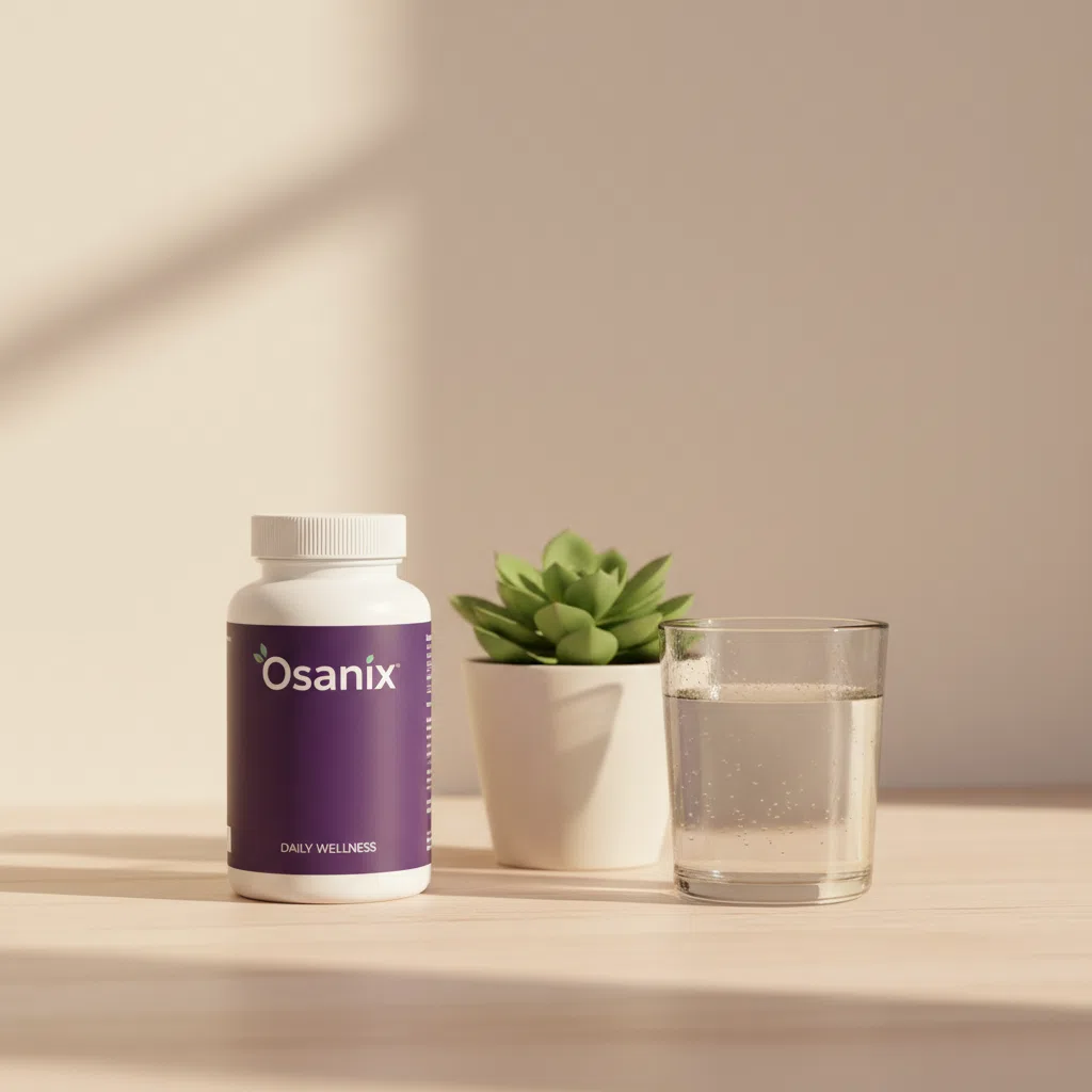 Osanix fles op een houten ondergrond met een plant en glas water in ochtendlicht