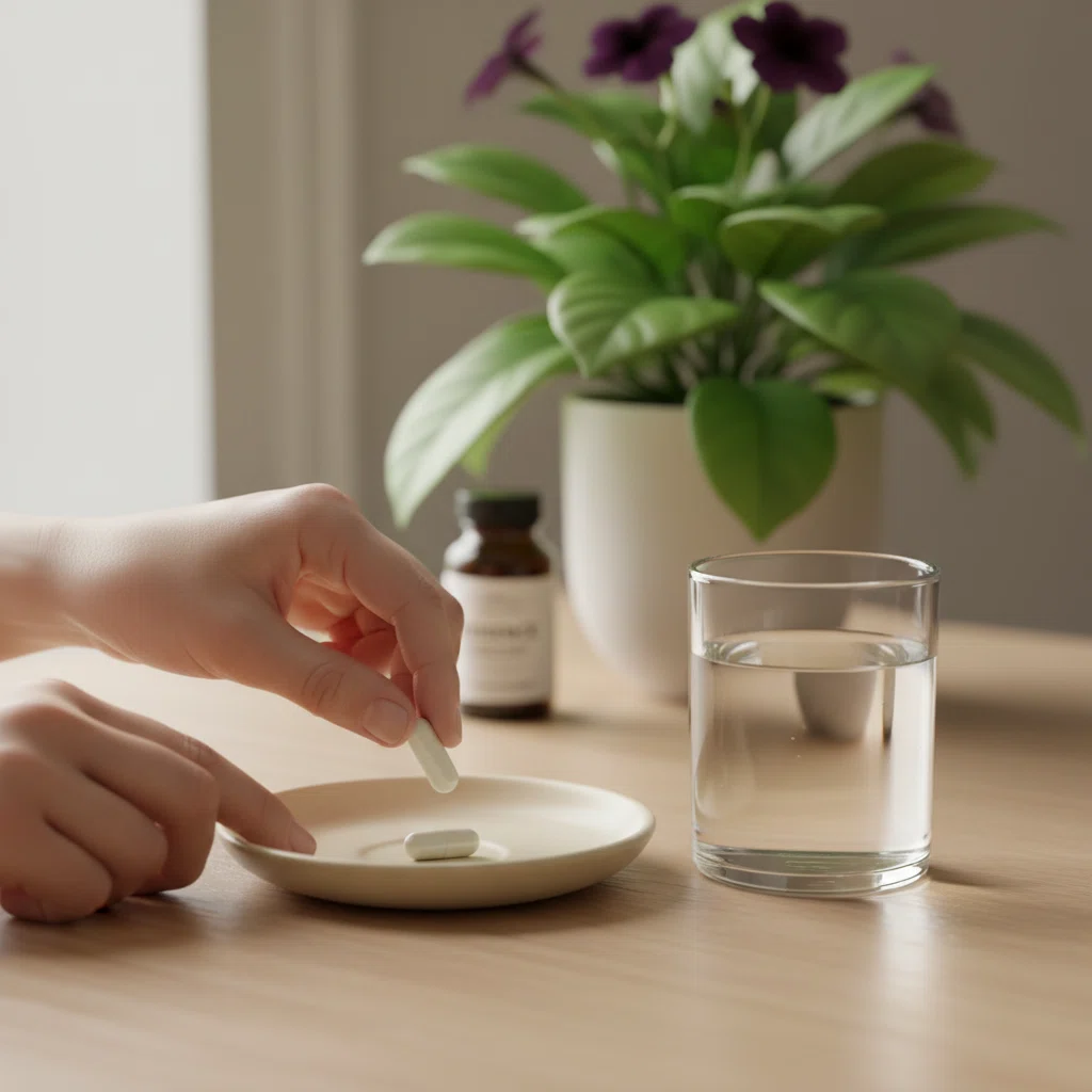 Handen plaatsen een witte capsule naast een glas water op een houten tafel met ochtendlicht